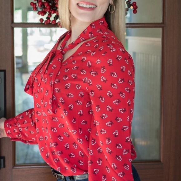Draper James Floral Tie Neck Blouse Red Long Sleeve Large - Picture 6 of 14